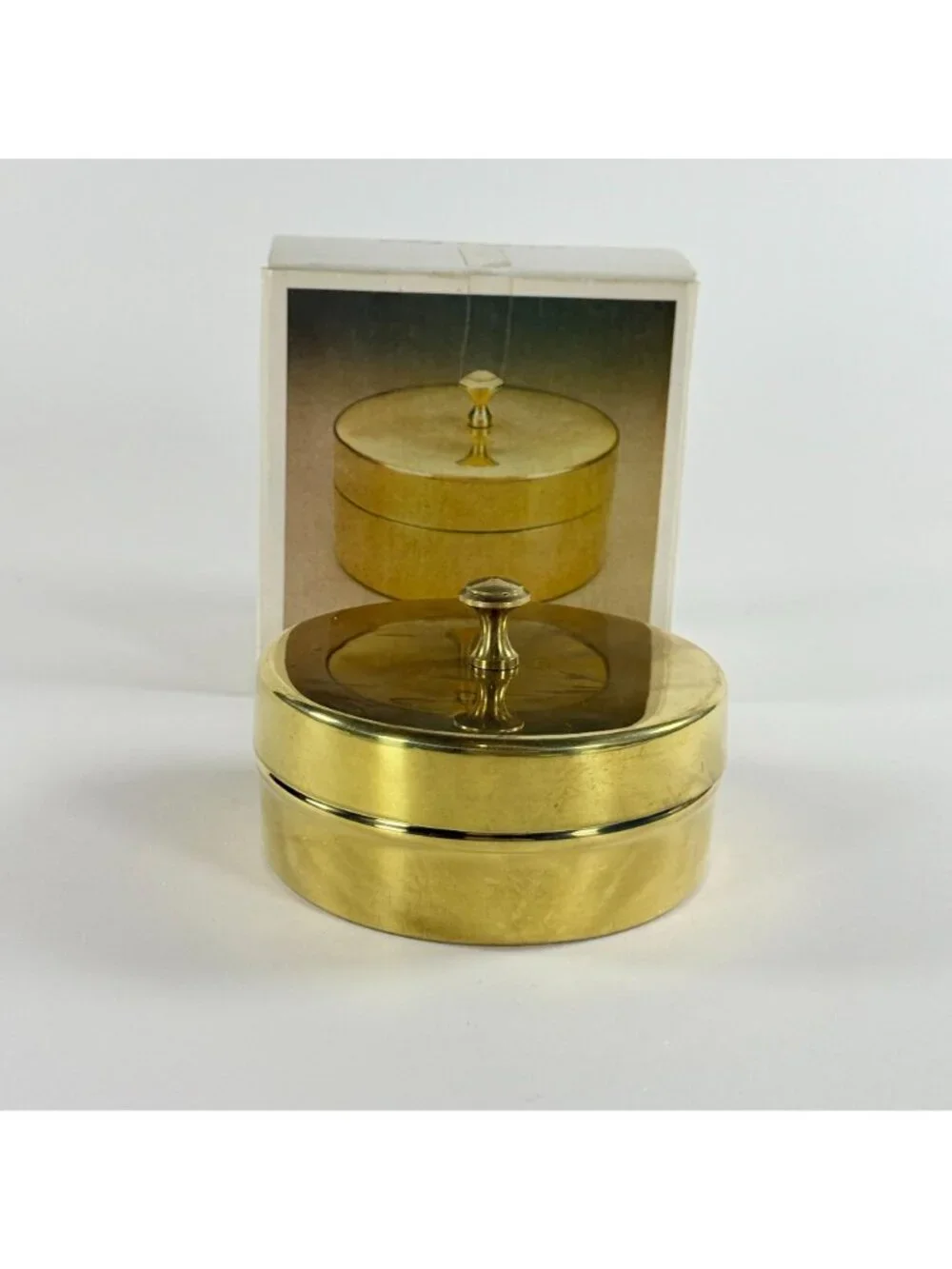 Vintage Brass Trinket Box Round Gold Tone Vanity Made in Italy